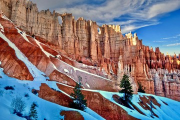 Bryce Canyon National Park sandstone formations Hoodoos covered with snow. Wall of Windows. Bryce. Cedar City. Utah. United States.