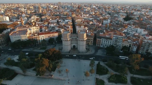 Aerial panorama of Valencia with ancient Serranos Towers built between 1392 and 1398. Historical city landmark, Spain