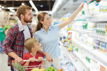 Waist-up portrait of young family with child choosing dairy products in supermarket: pretty mother stretching hand towards milk bottle while her husband and son holding shopping cart