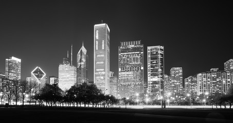 Black and white panoramic picture of Chicago downtown at night, Illinois, USA.