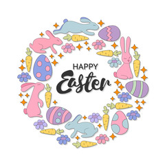 Hand lettering Happy Easter card. Vintage wreath with bunnies, flowers, hearts and butterflies.