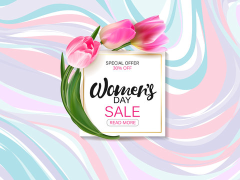 Womens day background with beautiful tulip flowers. Vector illustration template, card, banners, wallpaper, flyers, invitation, posters, brochure, voucher discount.