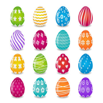 set of 16 colorful eggs with white patterns
