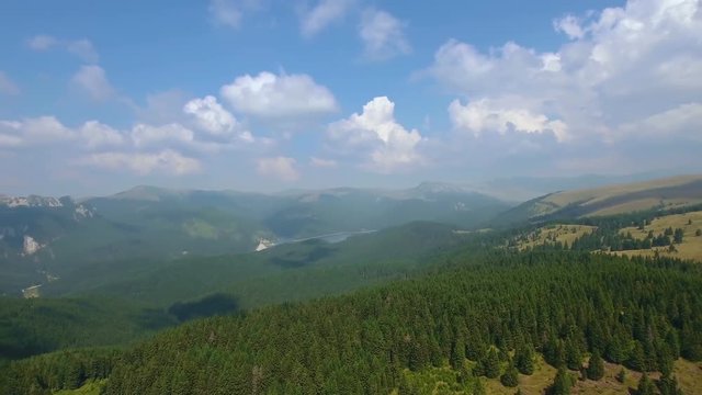 Aerial View. Flying over the beautiful forest. Aerial camera shot. Landscape panorama.