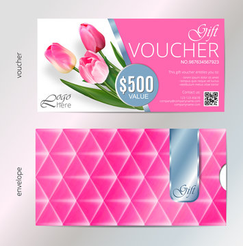 Gift voucher template with pink tulip flowers. Vector Abstract background. Concept for boutique, jewelry, floral shop, beauty salon, fashion, flyer, banner design. Gift voucher design