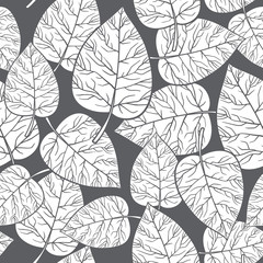Vector seamless floral pattern with decorative white leaves on a gray background. Wallpaper, textile, tissue, background. Vector illustration.