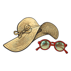 Fashionable straw hat with wide flaps and sunglasses in red round frame, summer objects, sketch vector illustration isolated on white background. Hand drawn floppy straw hat and round sunglasses