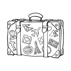 Hand drawn retro style travel suitcase with labels, black and white sketch vector illustration isolated on white background. Realistic hand drawing of old fashioned suitcase with tourist labels