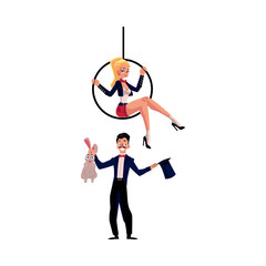 Circus performers - magician conjuring rabbit out of hat and acrobat sitting on aerial hoop, cartoon vector illustration isolated on white background. Magician and acrobat circus performers