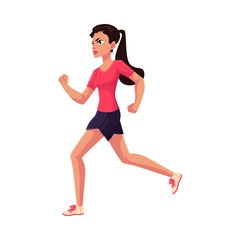 Fototapeta na wymiar Young and pretty female runner, sprinter, jogger, cartoon vector illustration isolated on white background. Woman, girl running, sprinter, track and field, healthy lifestyle concept