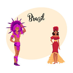 Man and woman dressed for Brazilian carnival in Rio de Janeiro, samba dancers in festival dresses, cartoon vector illustration with place for text. Brazilian couple in carnival suits