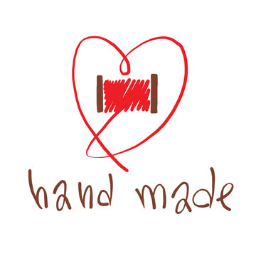 Vector image of the emblem of handmade in the form of a heart symbol from the red thread on a white background. Needlework, craft. Inscription "Hand Made". Vector illustration.