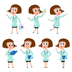 Young comic style female, woman doctor character in various positions wearing white medical coat, cartoon vector illustration isolated on white background. Full length portrait of funny woman doctor