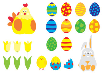 Easter elements collection with Easter eggs, cute bunny , tulips,  chick / vectors set for children