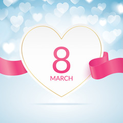 8 march greeting card template, with heart and pink waving ribbon on a blue bokeh background. International womens day greeting car design.
