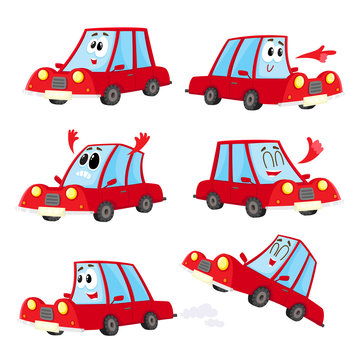 Set of cute and funny red car, auto character with different emotions, cartoon vector illustration isolated on white background. Funny red car character, mascot with human face and various emotions