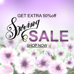 Advertisement about the spring sale on background with beautiful white flowers, Lettering, calligraphy. A seasonal discount. Vector illustration