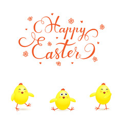 Three Easter chicks on white background