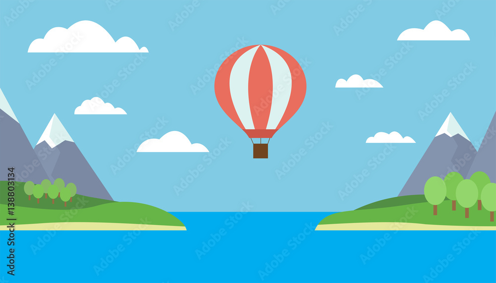 Sticker view of a hot air balloon flying over the sea between the two islands, mountains, trees and snow - v