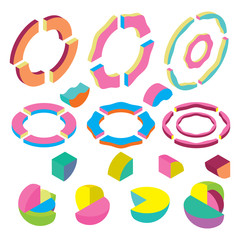 blocks isometric rings, sphere and segments, Color Design elements in the Memphis style