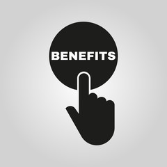 Hand pressing a button with the text BENEFITS icon. Profit, discount, bonus symbol. Flat design. Stock - Vector illustration