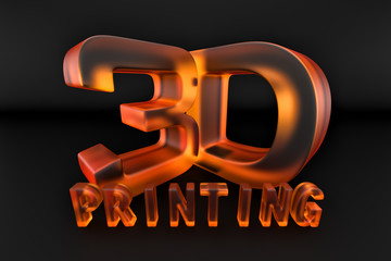 orange glass 3d printing logo on a black background. 3D rendering