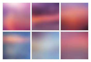 Naklejka premium BIG set of 20 square blurred nature purple pink backgrounds. With various quotes. Sunset and sunrise sea sky blurred blue background