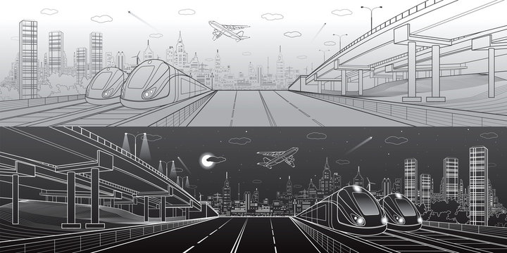 Infrastructure and transportation panorama. Automobile highway, overpass, airplane fly, two trains in depot, day and night city, towers and skyscrapers, urban scene, vector design art
