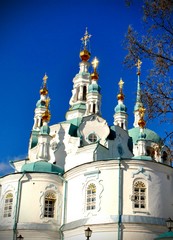 Orthodox Church/ Church domes and Golden crosses on blue sky background - 138805336