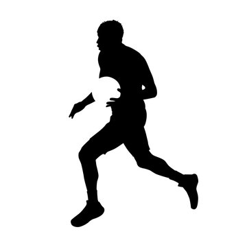Running basketball player with ball, isolated vector silhouette