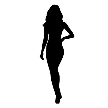 Attractive slim woman walking, isolated vector silhouette