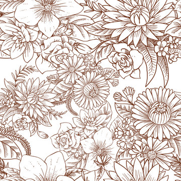 Vector seamless floral pattern with beautiful various flowers with leaves on a white background. Wallpaper, background, wrapping paper. Made in monochrome style. Line art. Vector illustration. © Ivan Nikulin
