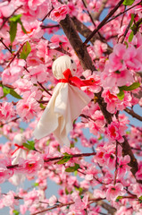 Teru teru bozu or Japanese Rain Doll hanging on Sakura tree