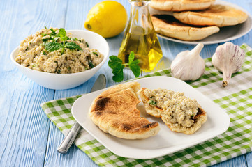 Traditional greek eggplant spread (dip) with pita bread.