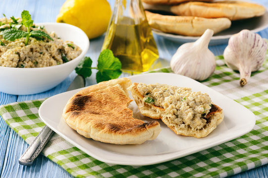 Traditional Greek Eggplant Spread (dip) With Pita Bread.