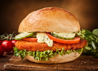 Sandwich with vegetables and fried cutlet