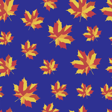 Bright maple leaves on blue background. Seamless pattern. Vector illustration for your design project