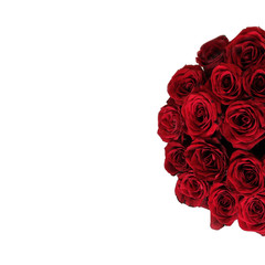 Obraz na płótnie Canvas Top view of luxury bouquet of red roses top view with red bow. On Valentine's day holiday. Isolated on white background.