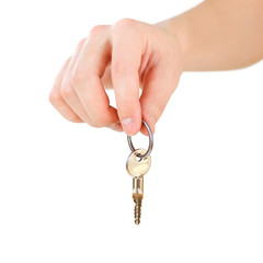 Hand holds keys. Isolated on white background.