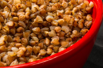 buckwheat cereal in a red bowl