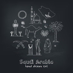 Handdrawn Illustration of Saudi Arabia Landmarks and icons with country English  Arabic Modern doodle sketch vector 