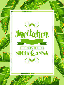Invitation with banana palm leaves. Decorative tropical foliage