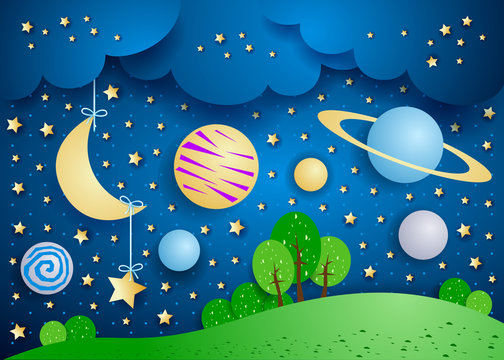 Surreal landscape with hanging moon and planets