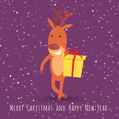 Reindeer with Gift Box Greeting. Cartoon Character