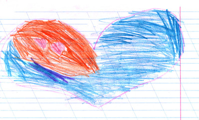 Child's drawing of a drawn heart crayons. colored pencils