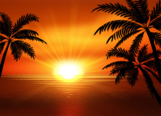 illustration of sunset view in beach with palm tree. Tropical landscape