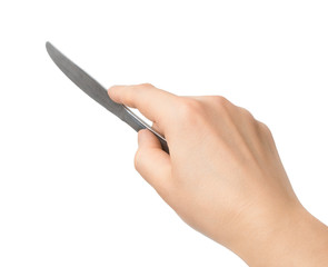 hand with knife on a white background