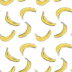Seamless pattern with cute banana painted with watercolor grunge brushes. Vector sketch illustration 