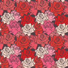 Seamless pattern with hand drawn roses in beautiful modern colors. Vector illustration 