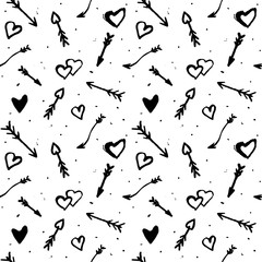 Obraz premium Seamless pattern with black watercolor hearts and arrows. Vector illustration 